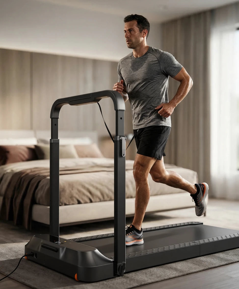 WalkingPad R2 treadmill used by a man jogging indoors in a bedroom