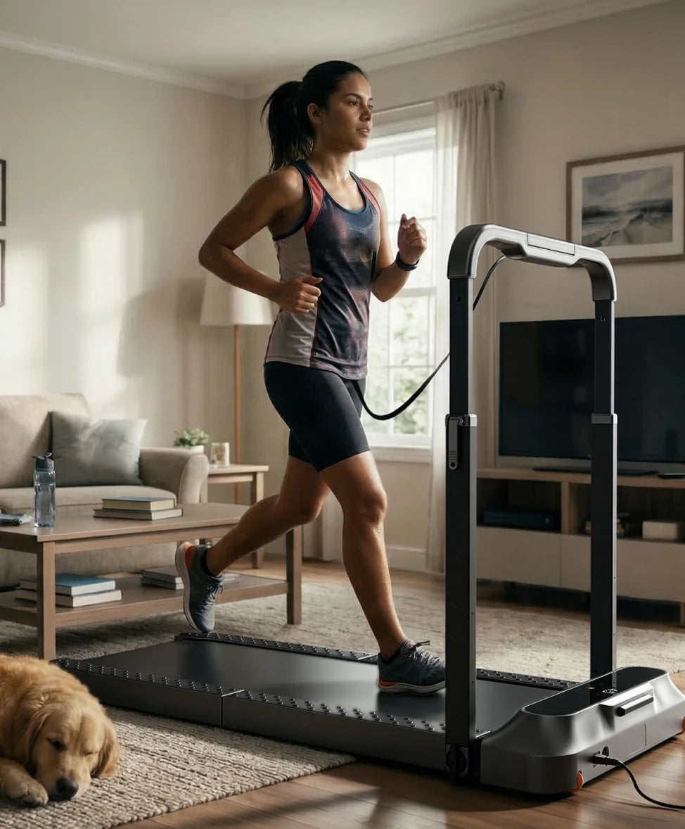 WalkingPad R2 treadmill used by a woman running at home in a living room