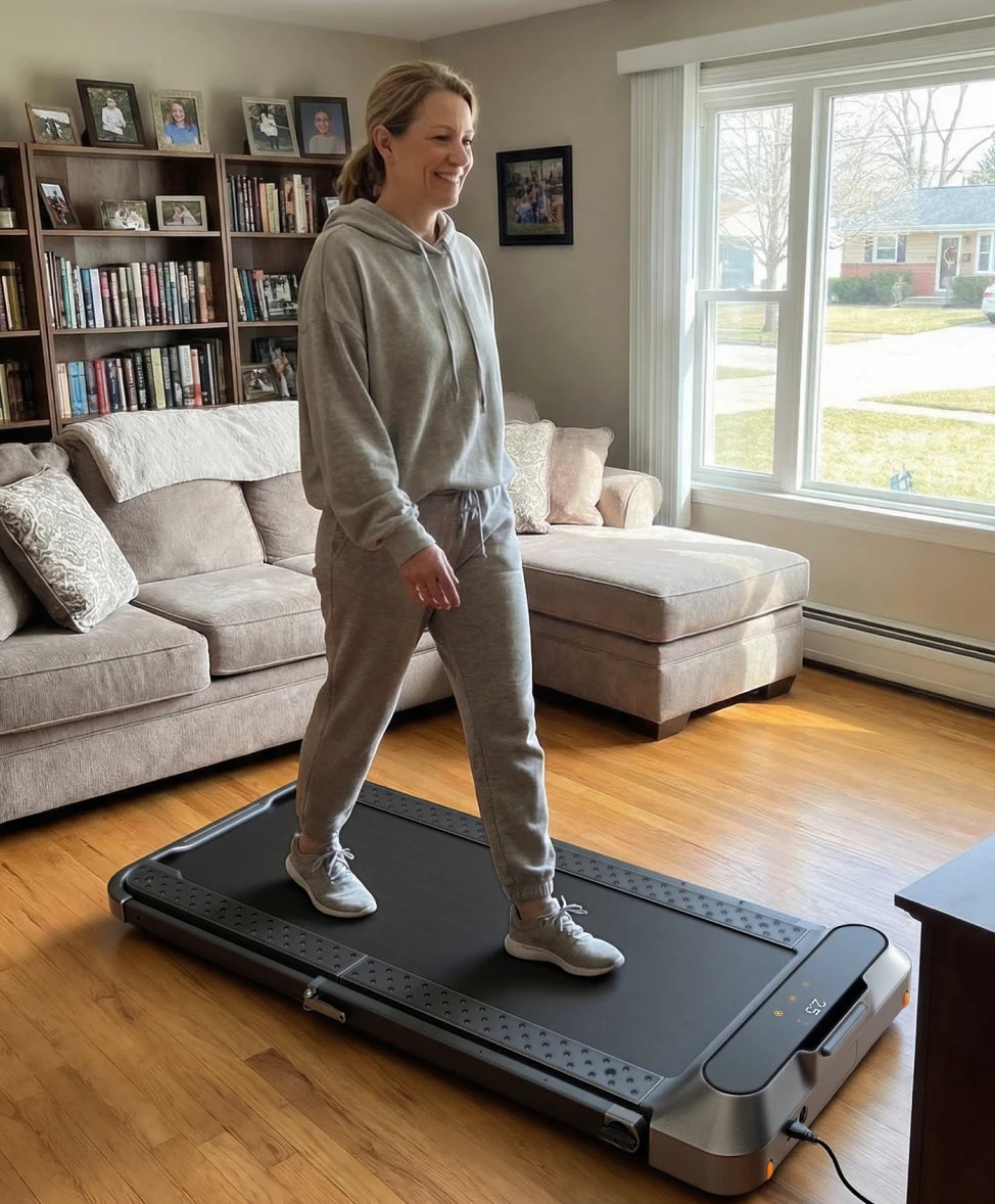 WalkingPad R2 treadmill used for walking exercise at home in a bright room
