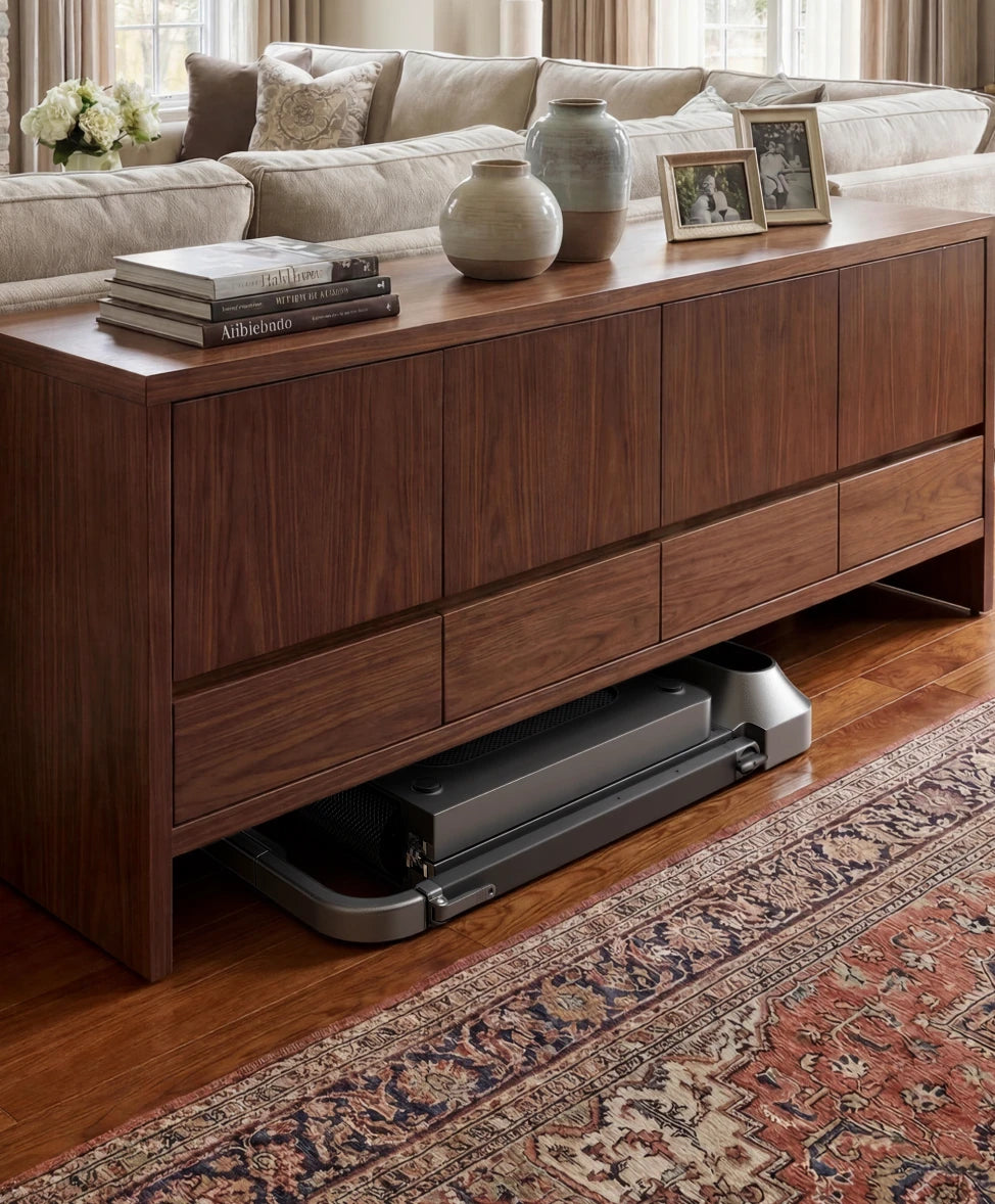 WalkingPad R2 treadmill compact design stored under a cabinet for space saving