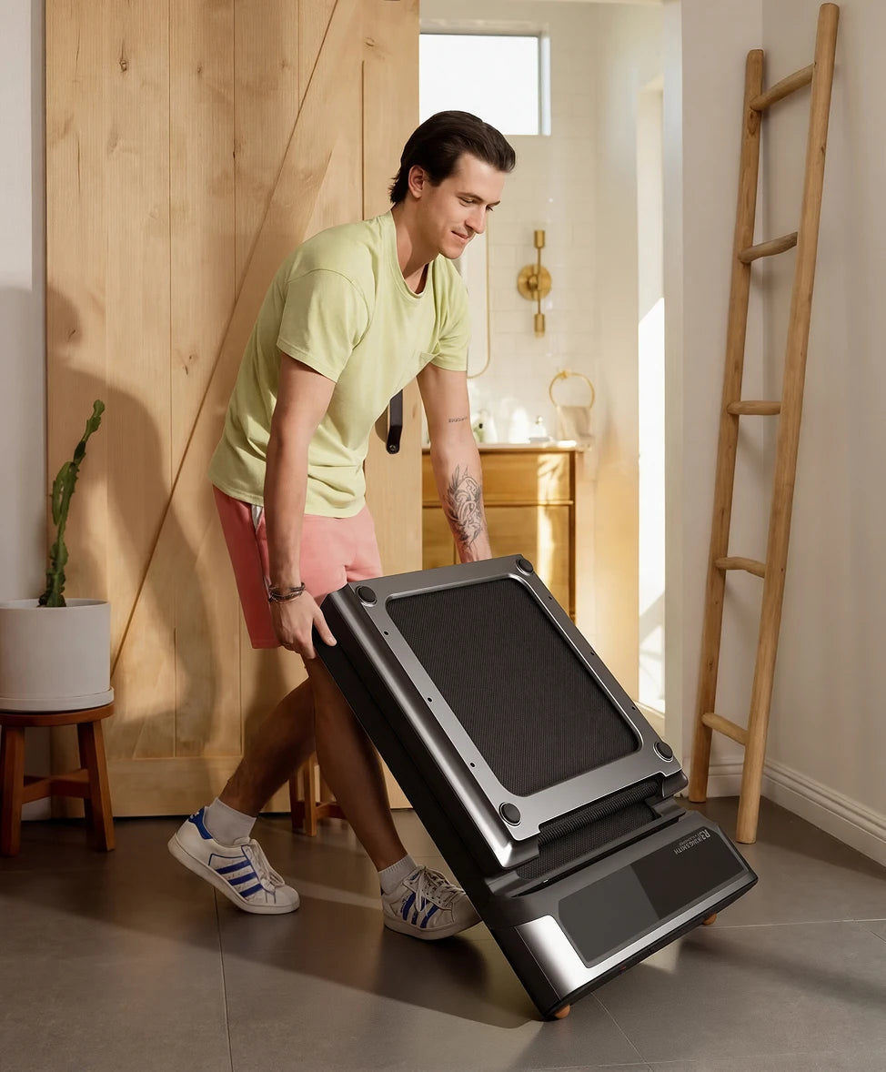 WalkingPad R3 treadmill folded upright and moved easily with built-in wheels