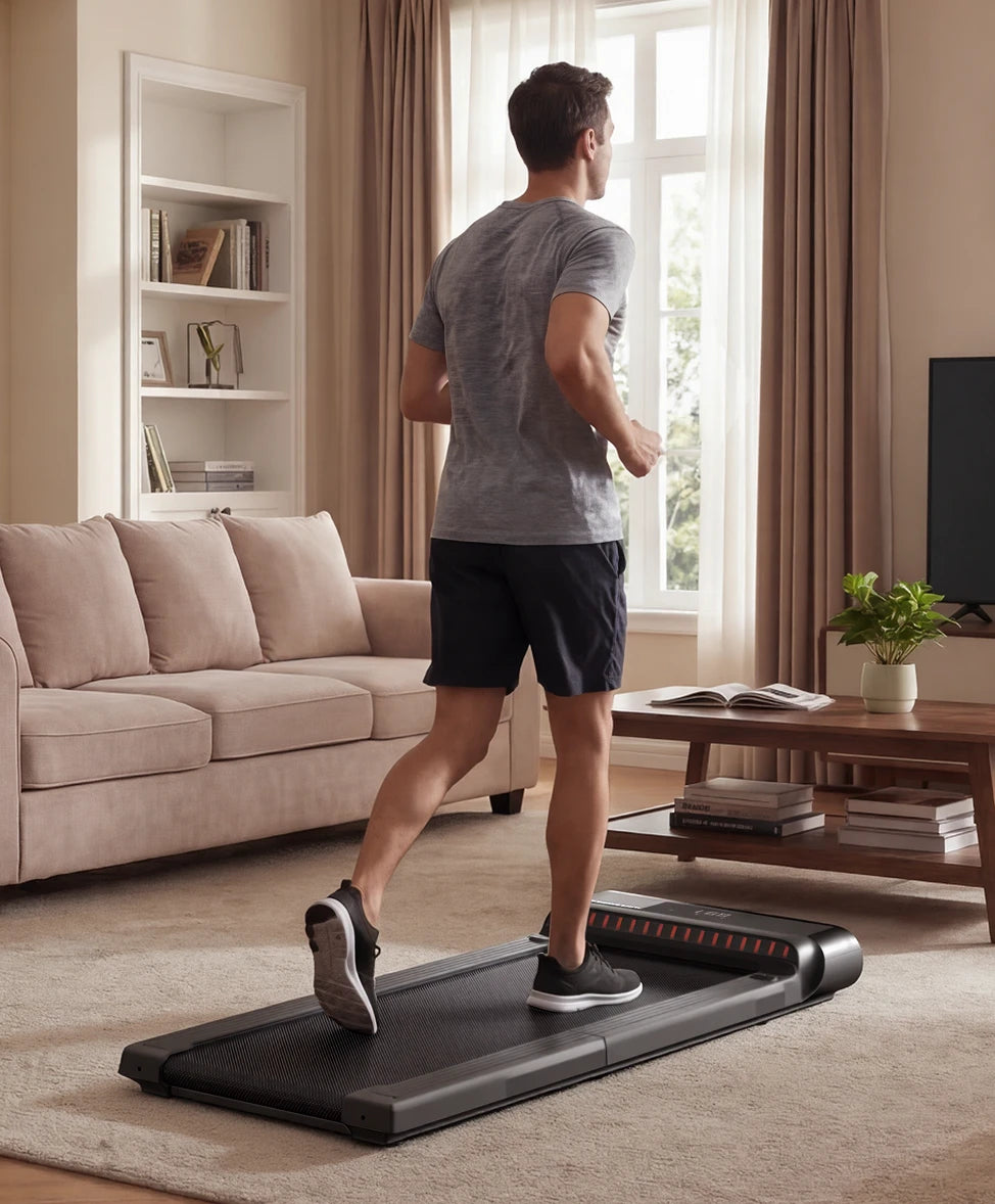 WalkingPad R3 treadmill used for light jogging indoors in a living room