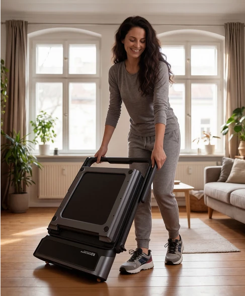 Woman folding and moving WalkingPad R3 Hybrid Plus treadmill for easy storage at home