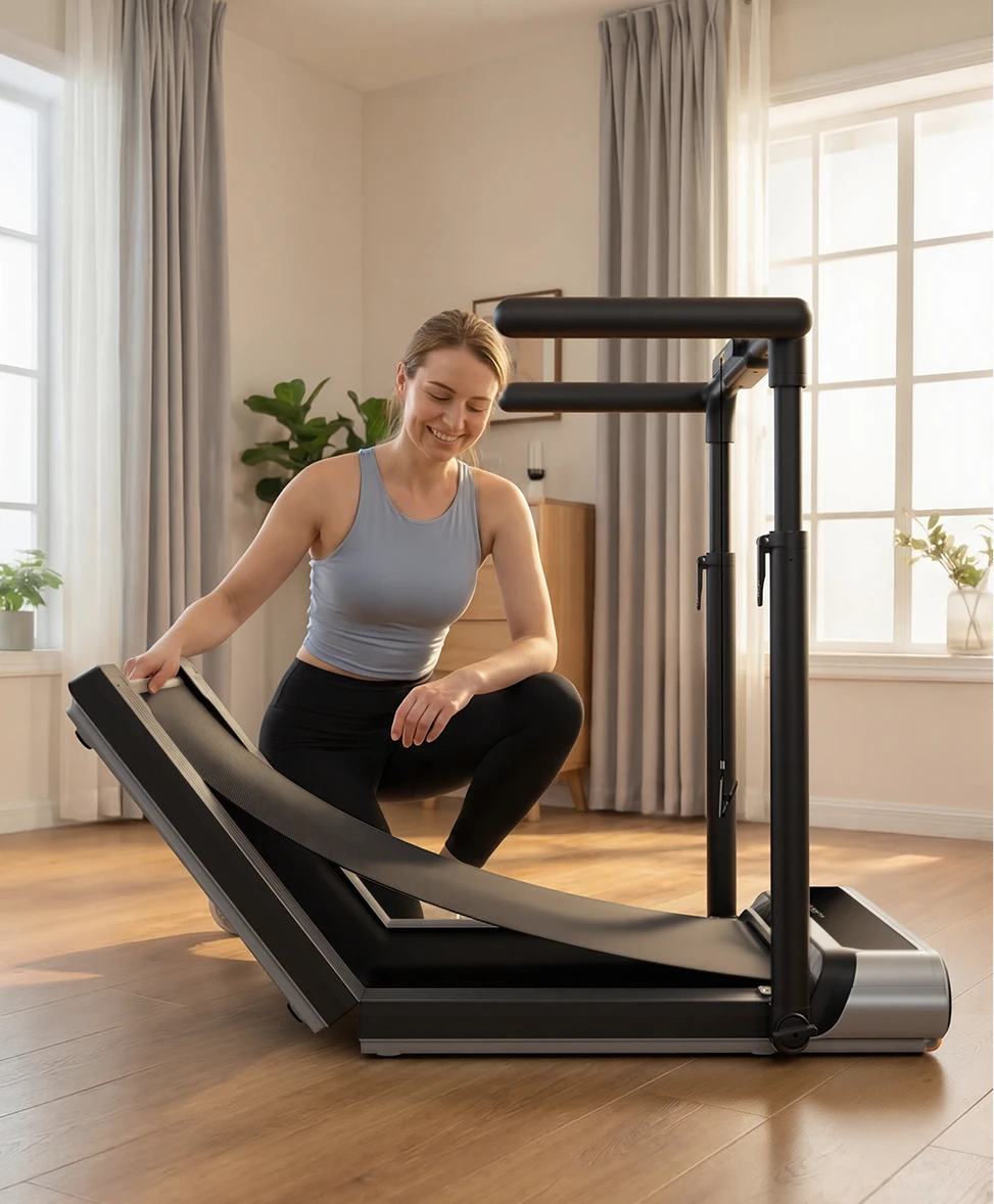 Woman folding WalkingPad R3 Hybrid plus treadmill for compact storage in a living room