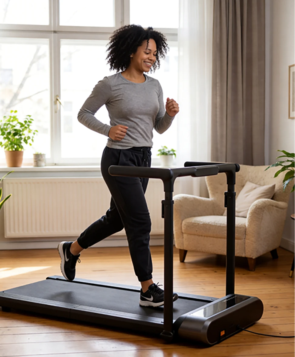Woman running on WalkingPad R3 Hybrid Plus treadmill for daily home fitness training