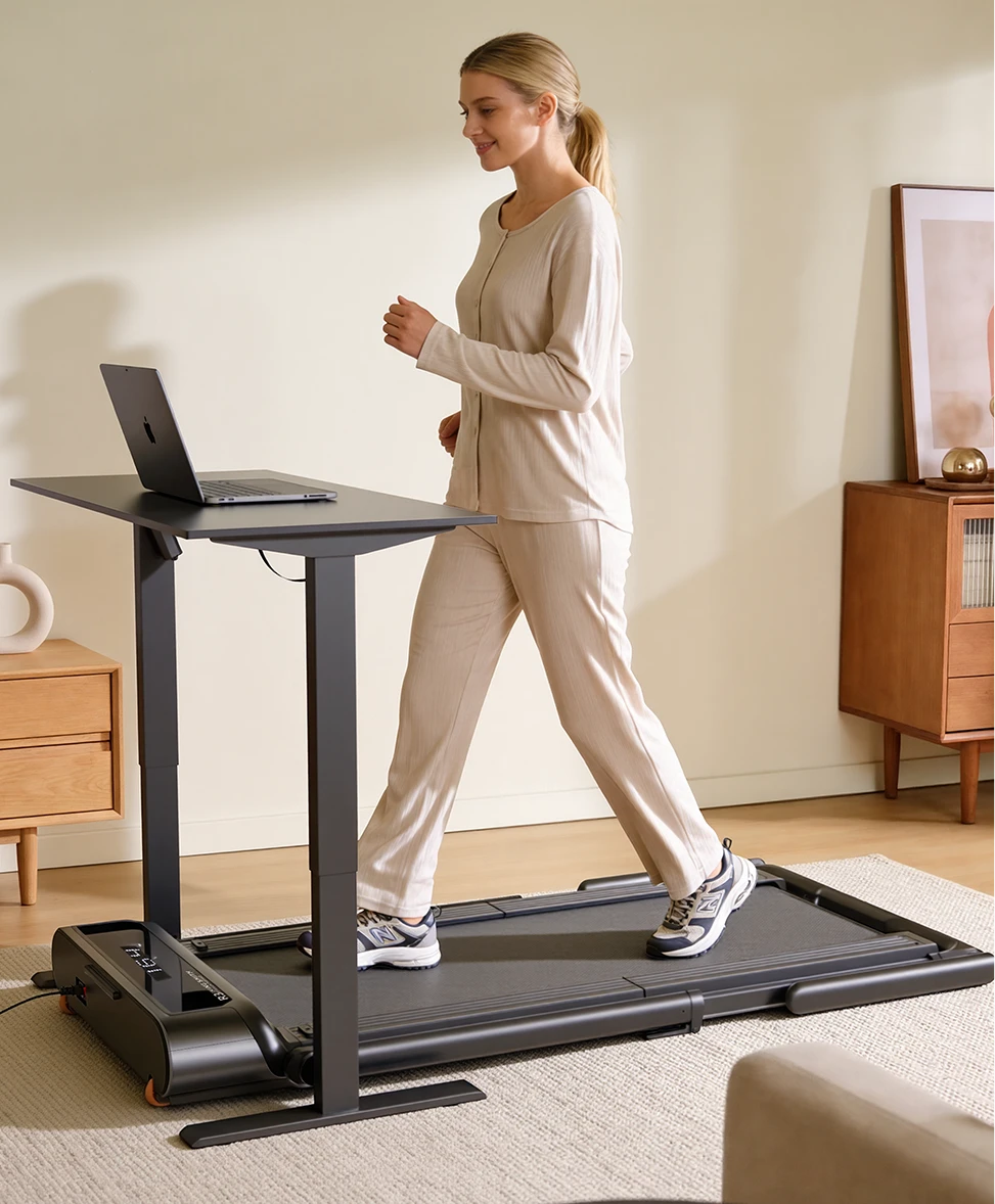 Woman walking on WalkingPad R3 Hybrid treadmill for light indoor exercise