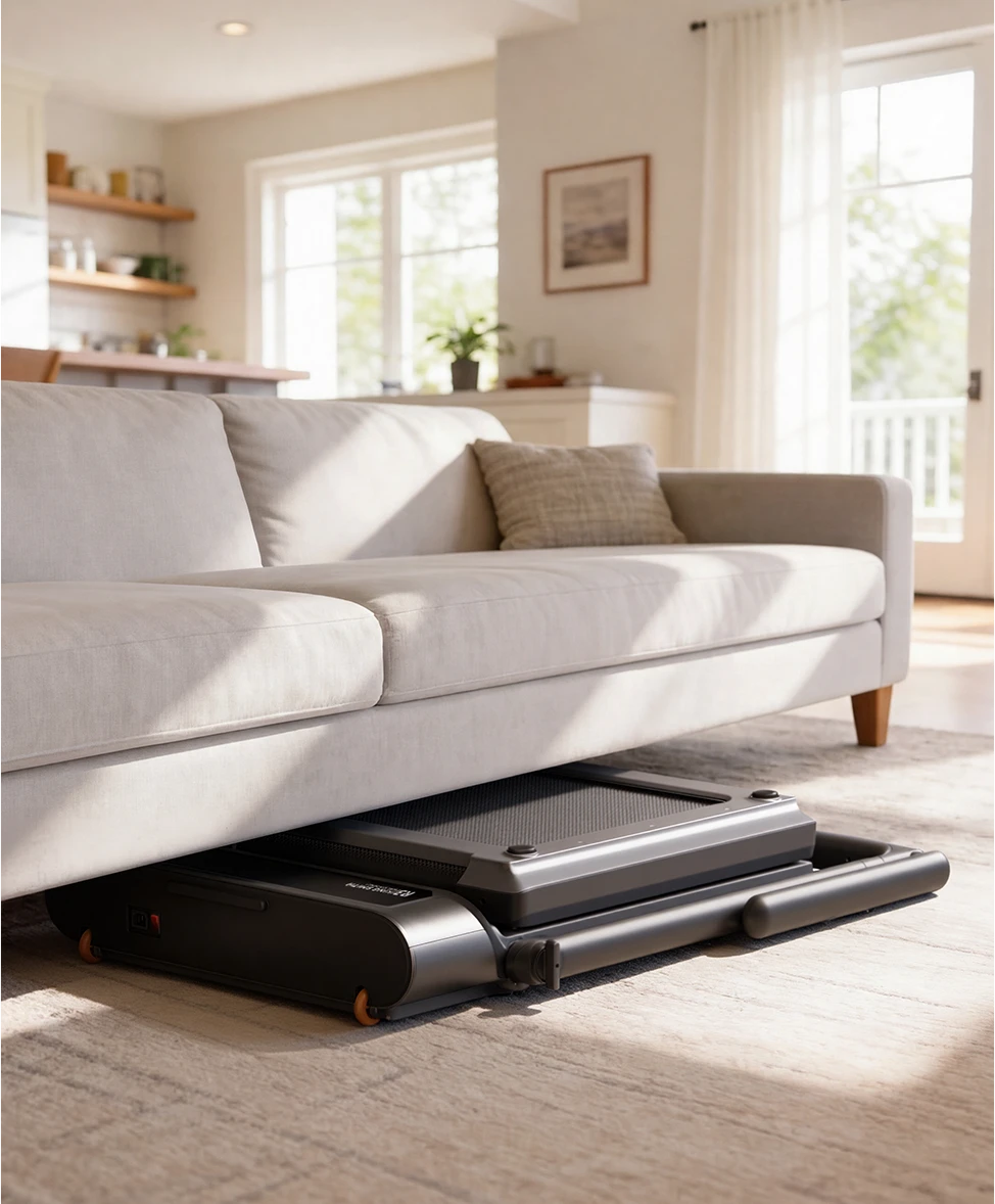 WalkingPad R3 Hybrid Plus treadmill stored under a sofa to save space in a small living room