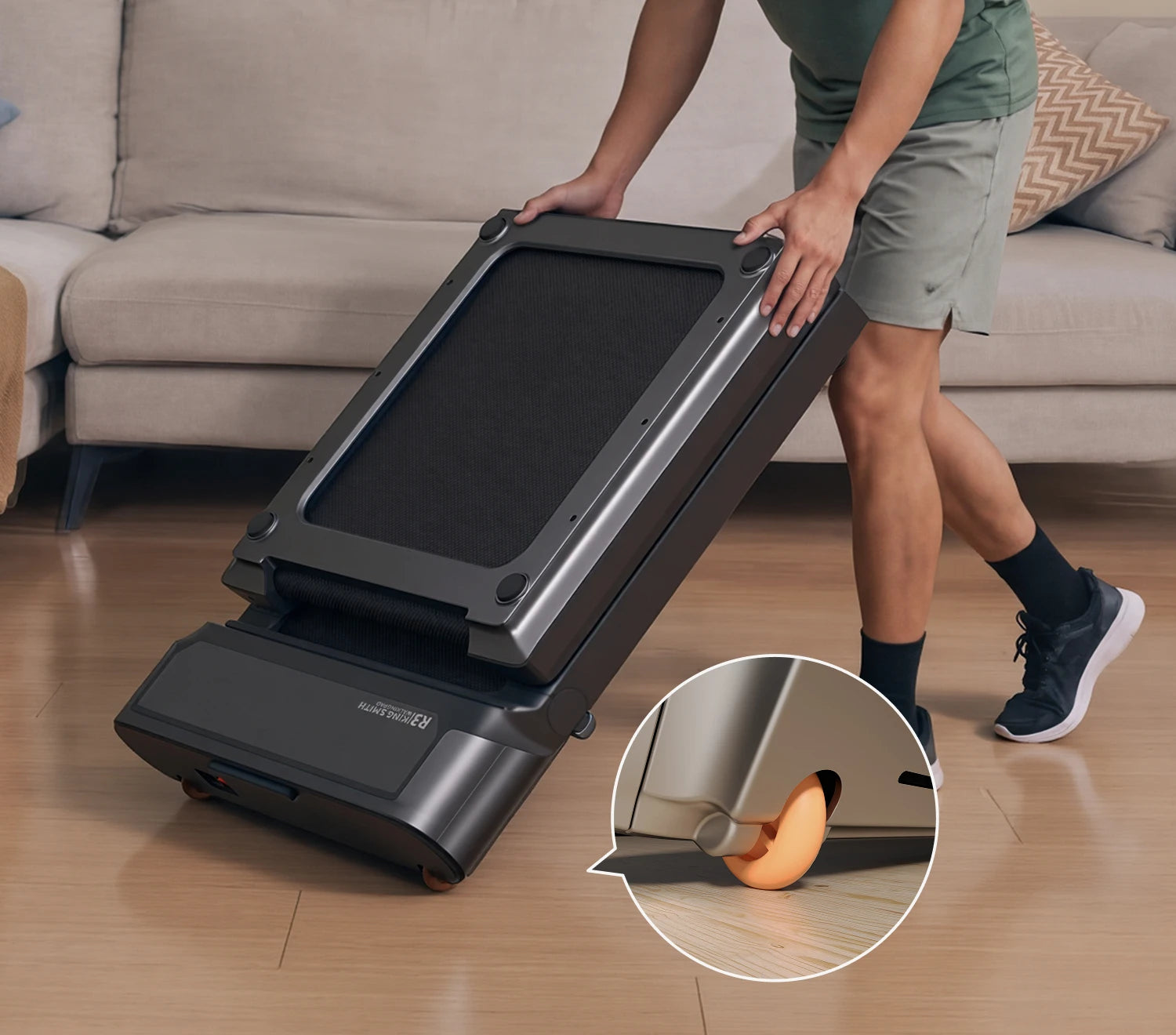 WalkingPad R3 treadmill with built-in wheels for easy reposition and storage