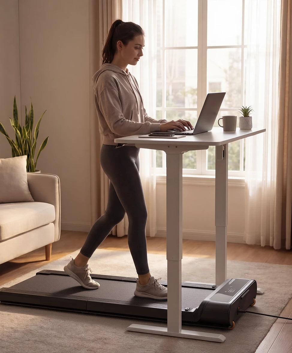 WalkingPad R3 treadmill used under a standing desk for walking while working