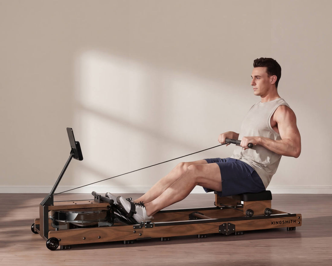 Man training on a WalkingPad water rowing machine for full body cardio exercise