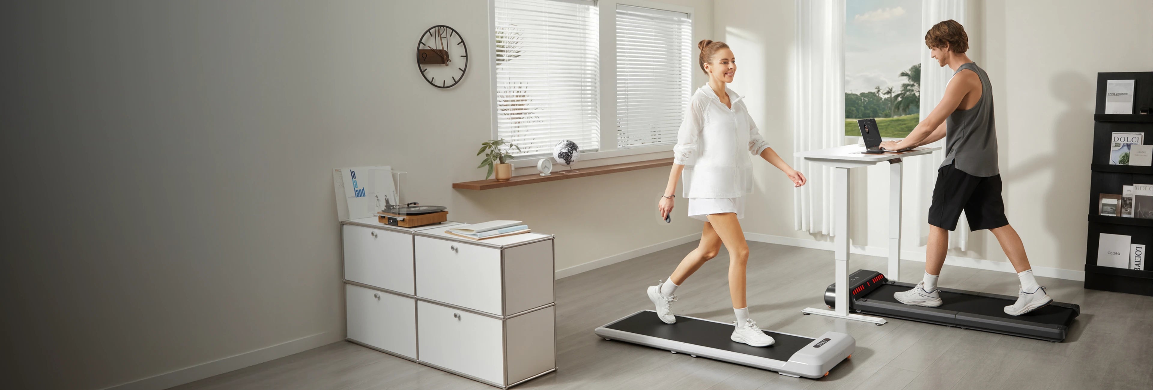 Person walking on a WalkingPad under desk treadmill while working at home
