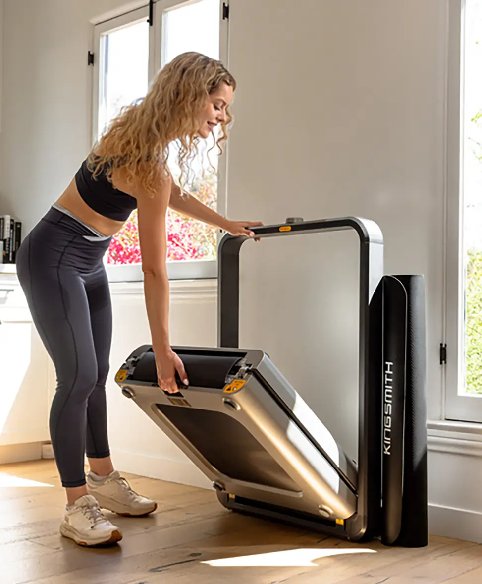Vertical folding mechanism of the WalkingPad X21 treadmill for space saving storage
