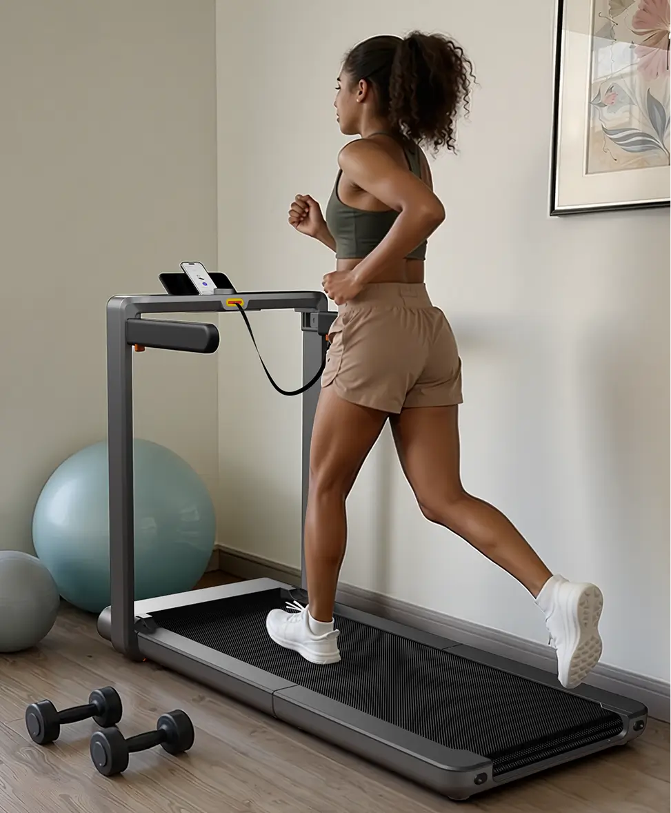 Woman running on the WalkingPad X214 foldable treadmill at home