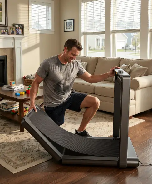 Man walking on the WalkingPad X214 treadmill during a home workout