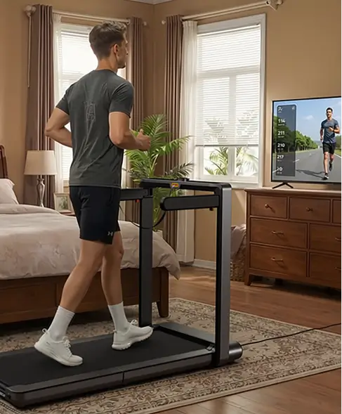 Man folding the WalkingPad X214 treadmill using the vertical fold mechanism