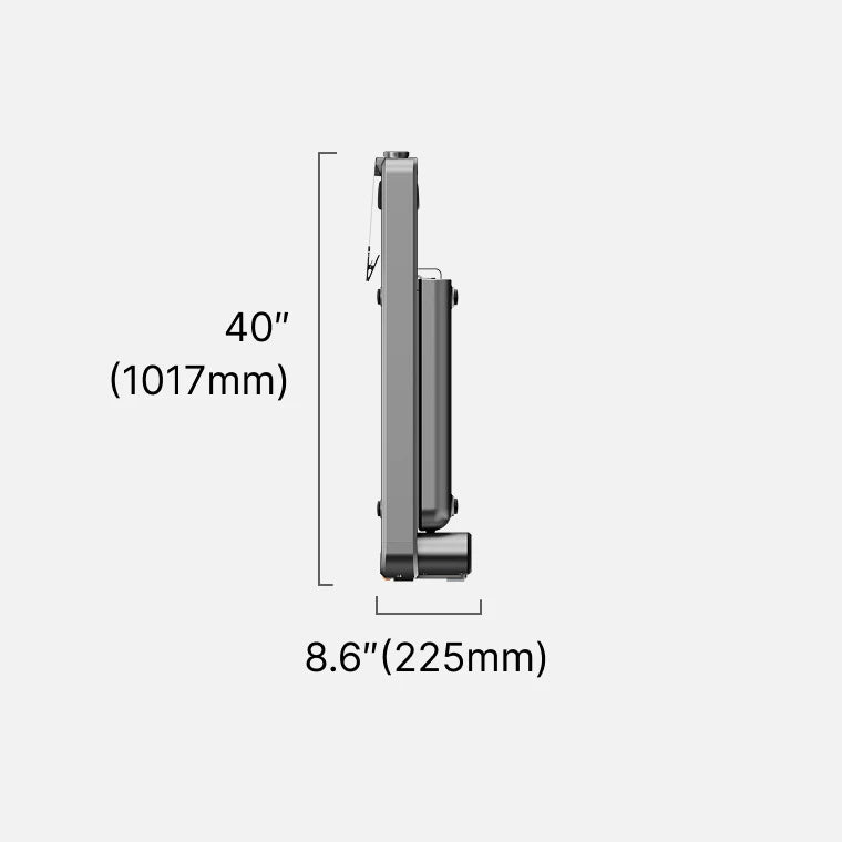 WalkingPad X214 foldable treadmill size dimensions with front, side, and folded views