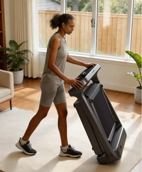 Woman moving the WalkingPad X218 foldable treadmill for compact home storage