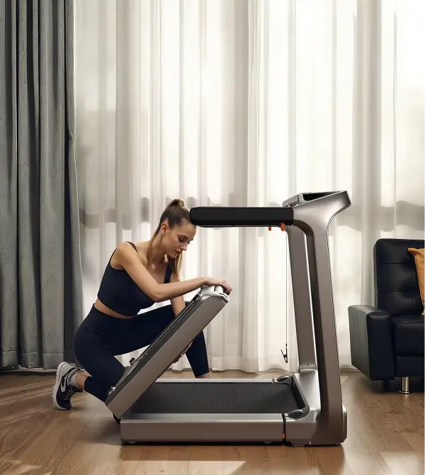Woman folding the WalkingPad X218 treadmill using the vertical fold design