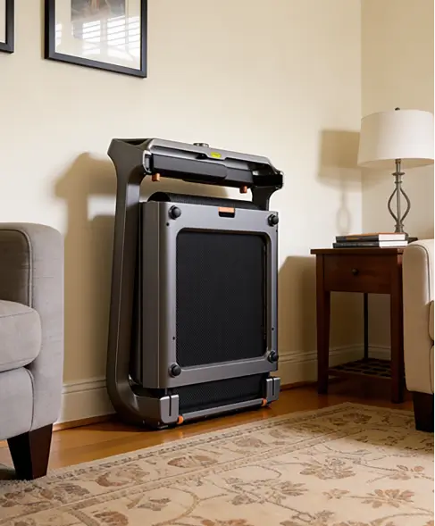 WalkingPad X218 treadmill folded upright for compact storage in a living room