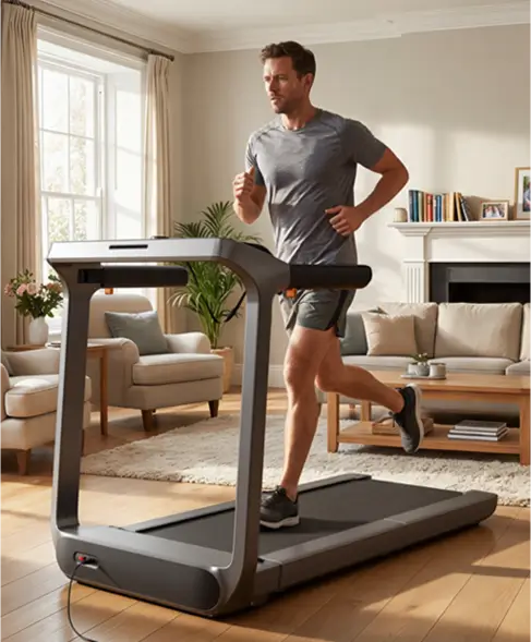 Man running on the WalkingPad X218 treadmill during an indoor workout