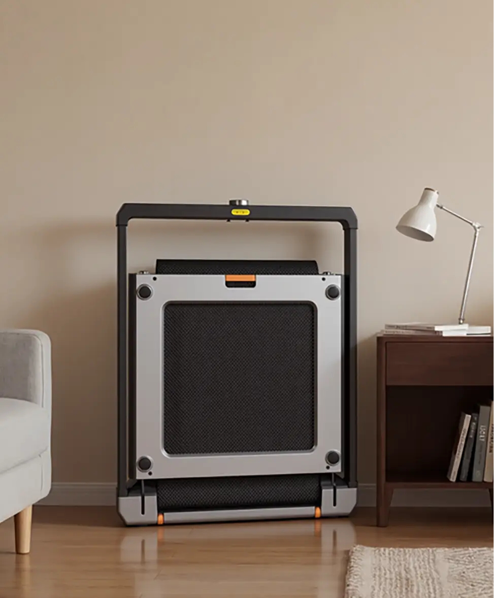 WalkingPad X25 treadmill folded vertically for compact home storage
