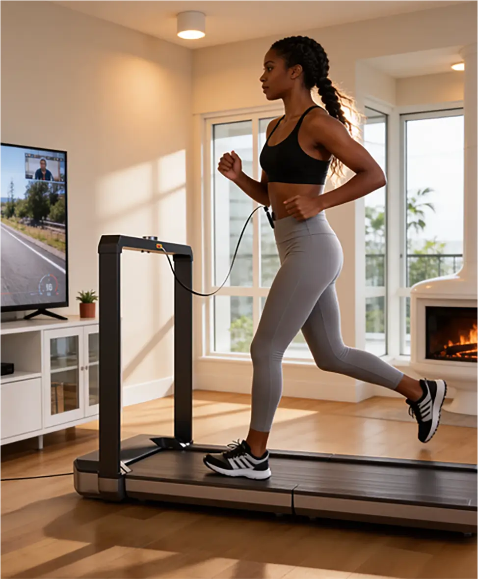 Woman running on a WalkingPad X25 treadmill for indoor cardio exercise
