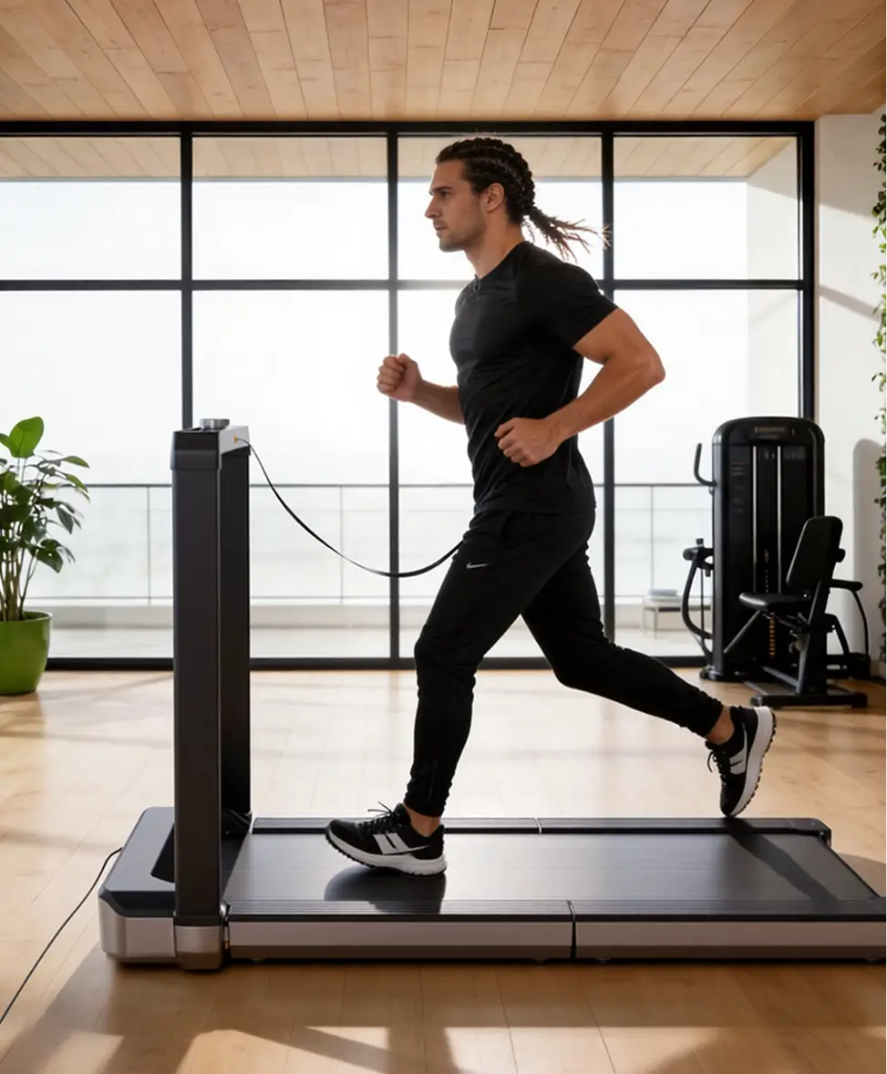 WalkingPad X25 treadmill folded vertically for compact home storage
