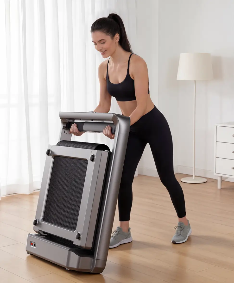 Woman moving a folded WalkingPad X25 plus treadmill for easy storage