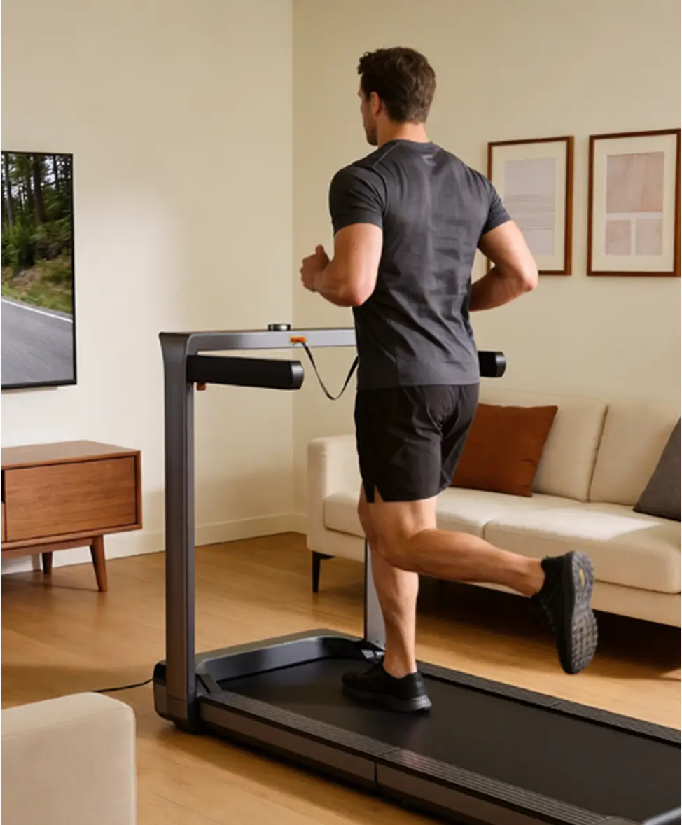 Man running on a WalkingPad X25 plus foldable treadmill during a home workout