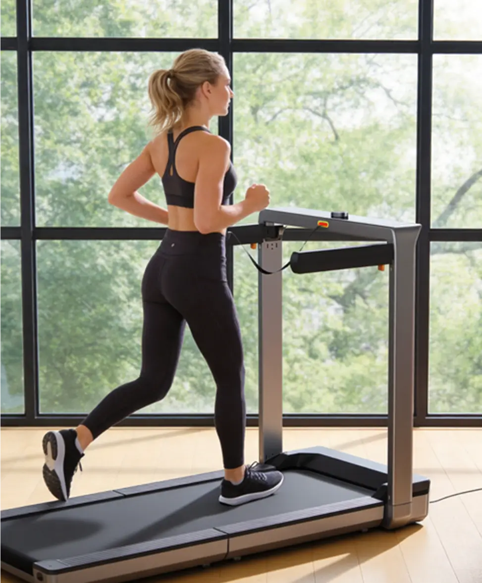 Woman exercising on a WalkingPad X25 plus foldable treadmill in a bright living room
