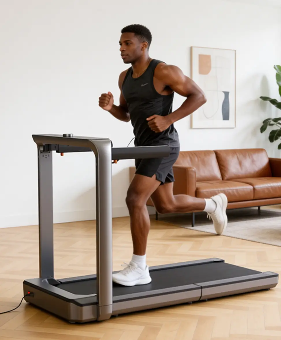 Man running on a WalkingPad X25 plus treadmill for indoor cardio exercise