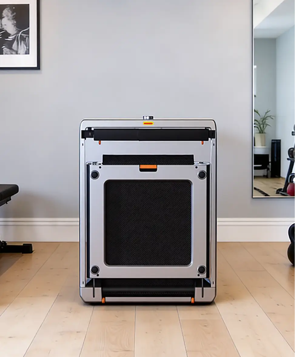 WalkingPad X25 plus foldable treadmill stored vertically to save space in a modern home