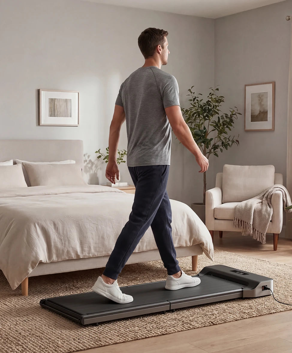 WalkingPad Z1 walking pad used under standing desk for walking while working