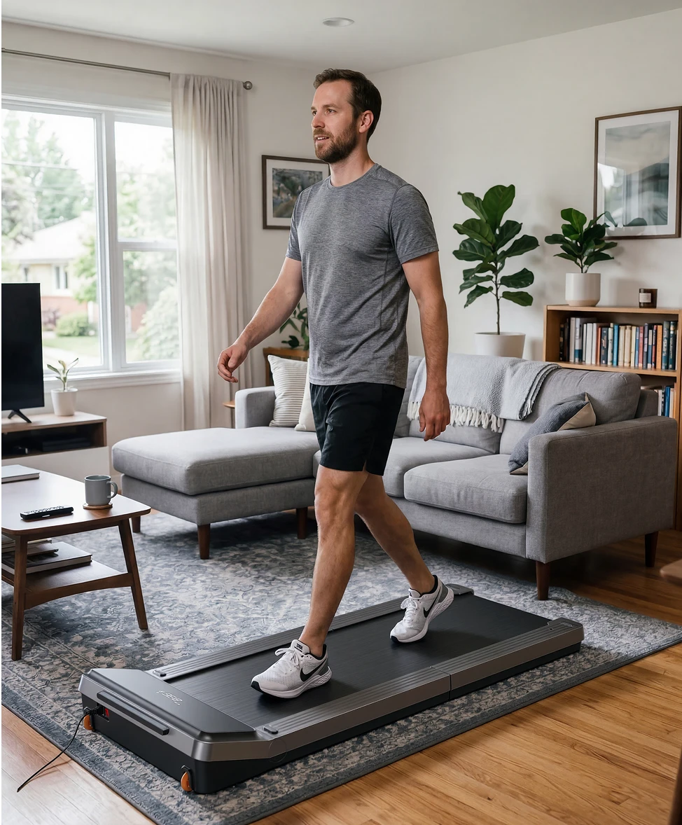 WalkingPad Z3 walking pad used for light jogging indoors in living room