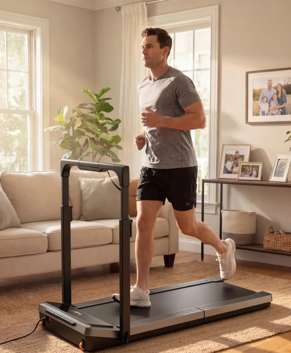 WalkingPad Z3 Hybrid treadmill used by a man running at home in a living room