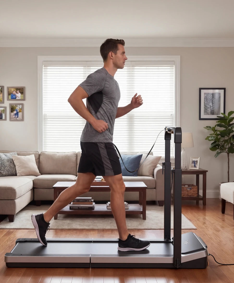 WalkingPad Z3 Hybrid treadmill side view of a man jogging indoors with desk setup
