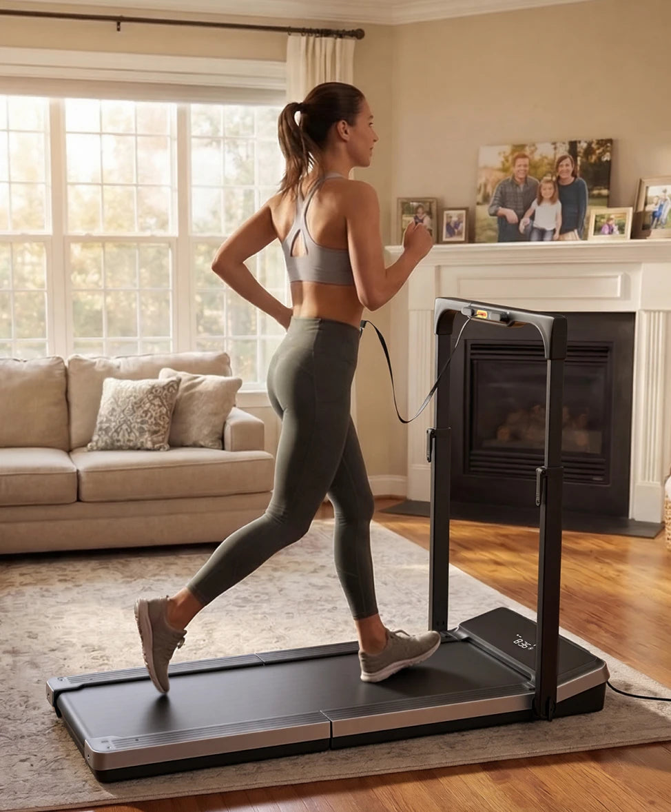 WalkingPad Z3 Hybrid treadmill used by a woman walking comfortably at home