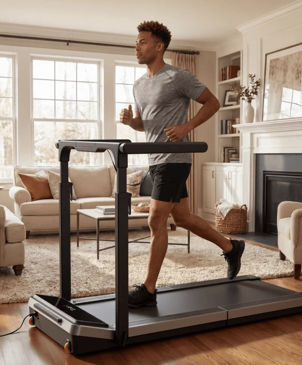 Man running on WalkingPad Z3 Hybrid Plus treadmill for indoor cardio workout at home