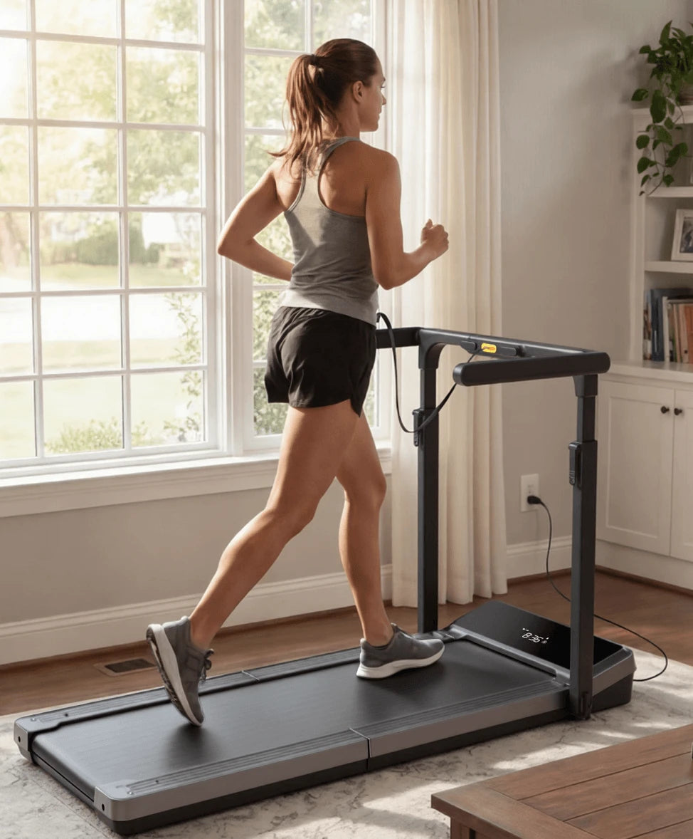 Woman running on WalkingPad Z3 Hybrid Plus treadmill for daily home fitness training