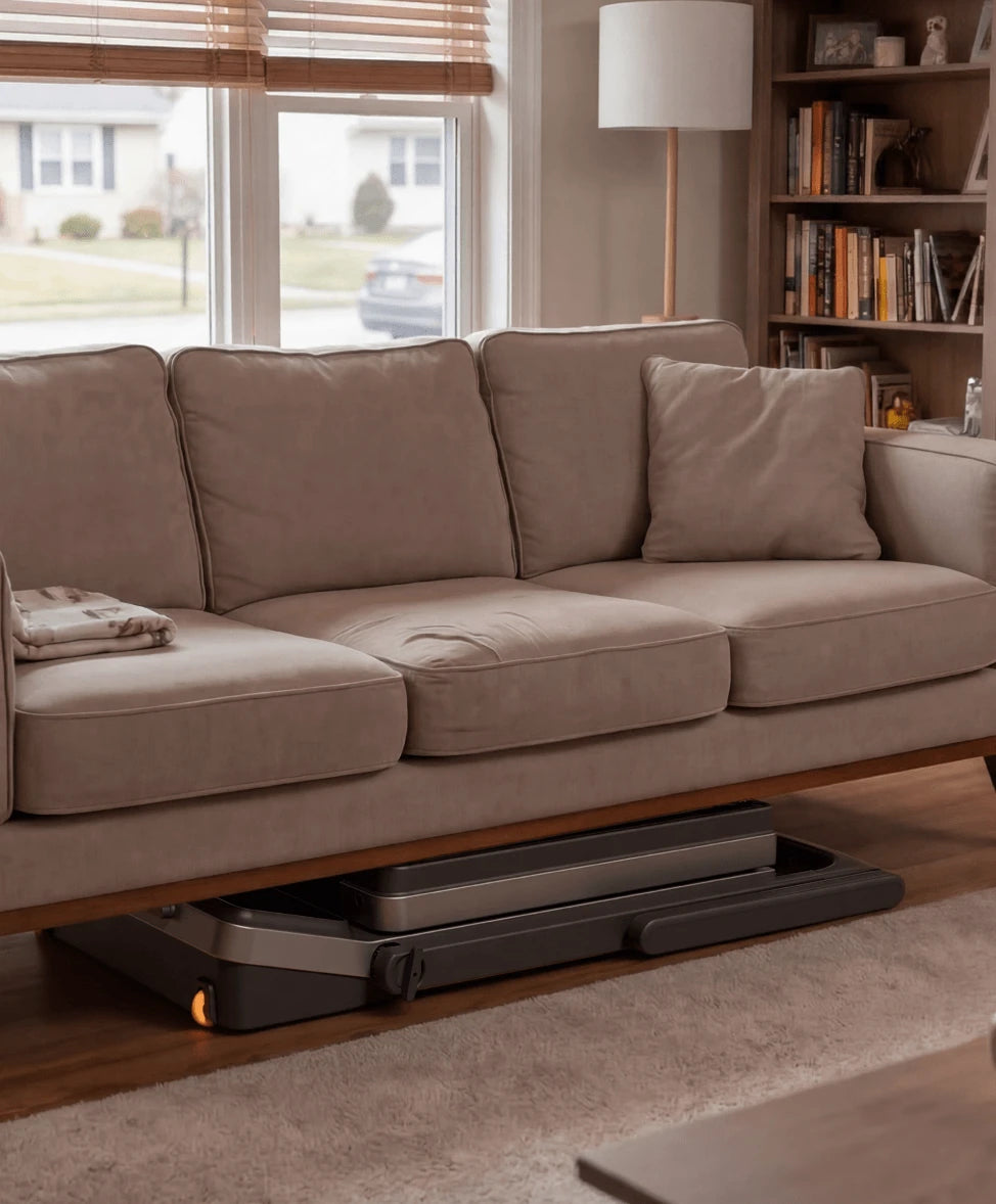 WalkingPad Z3 Hybrid Plus treadmill stored under a bed to save space in a small home