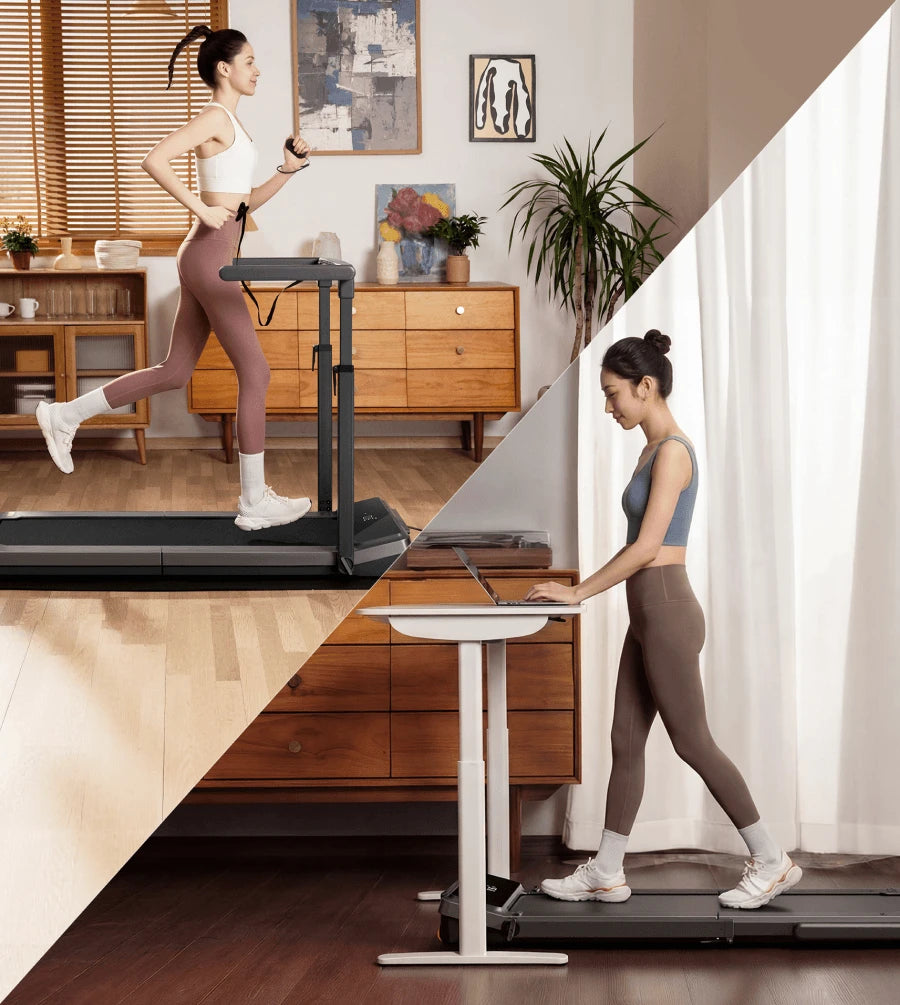 Woman walking and running on WalkingPad Z3 Hybrid Plus treadmill while working at home