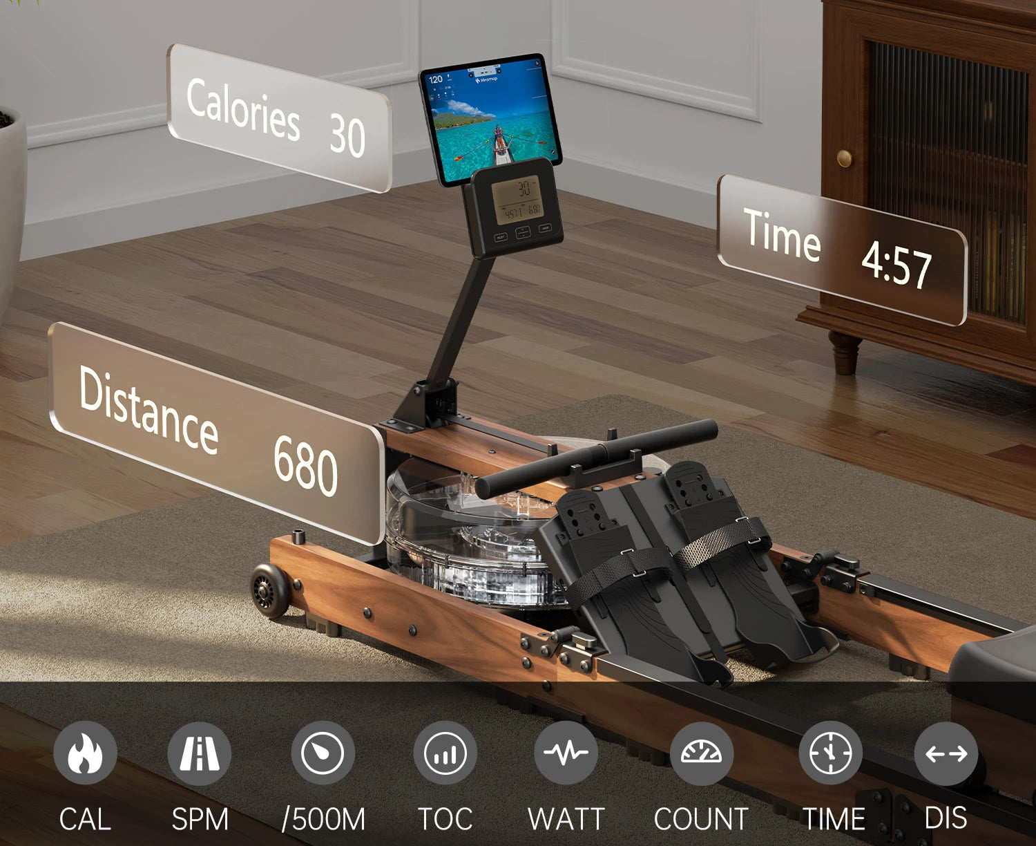 rower lcd display tablet holder workout data tracking screen