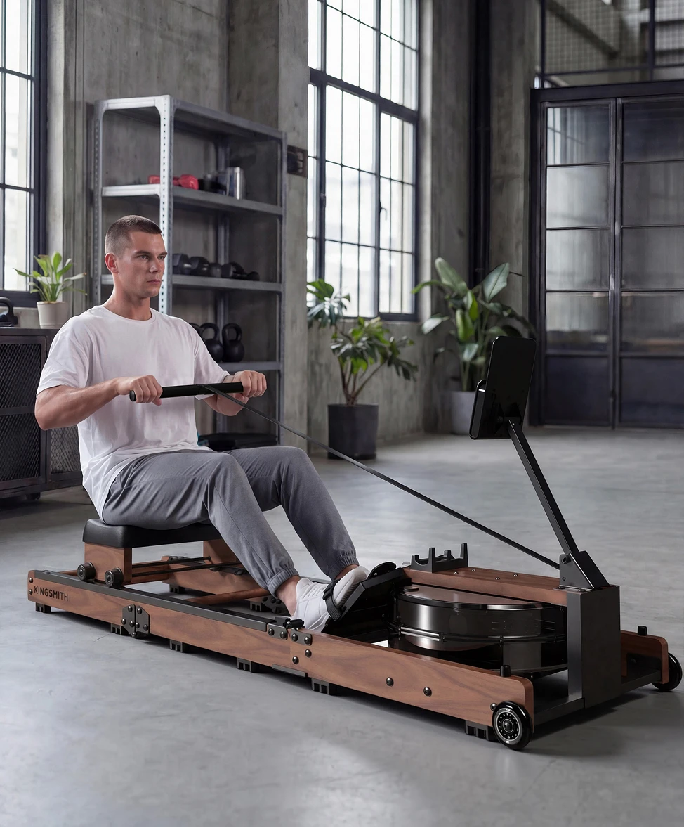 folded rowing machine vertical storage beside sofa compact design